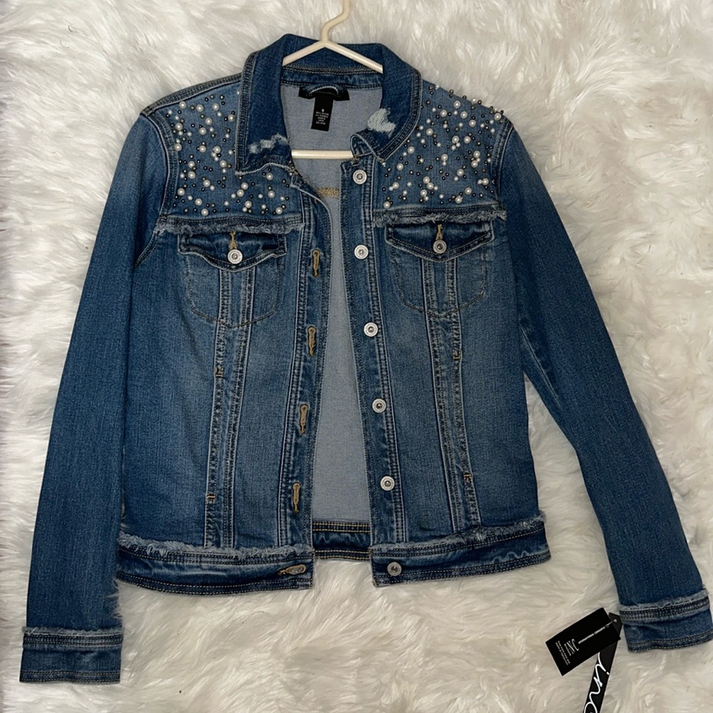 INC Pearl embellished denim jacket size small